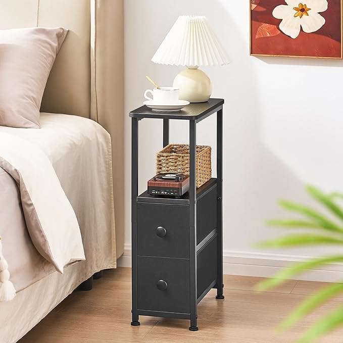End Table, Narrow Side Table with 2 Fabric Drawers, Slim Nightstand, Small Bedside Table with Storage, Living Room, Bedroom, Black HKET1200BK