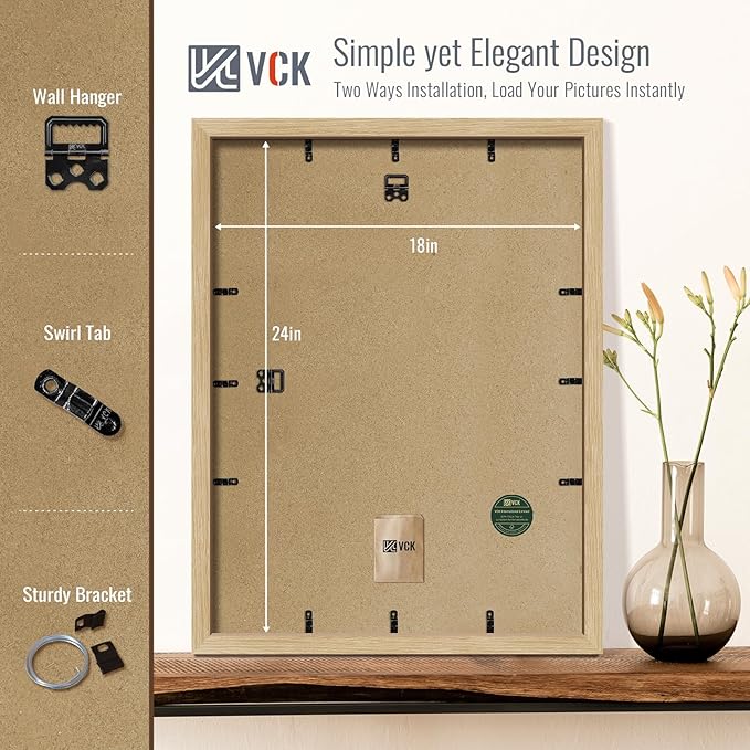 VCK 18x24 Poster Frame 2 Pack - Natural Oak, High-End Wood Picture Frames with Polished Plexiglass, Display 16x20 Photo with Mat or 18x24 without Mat, Art Gallery-Quality, Wall Hanging, Natural Oak