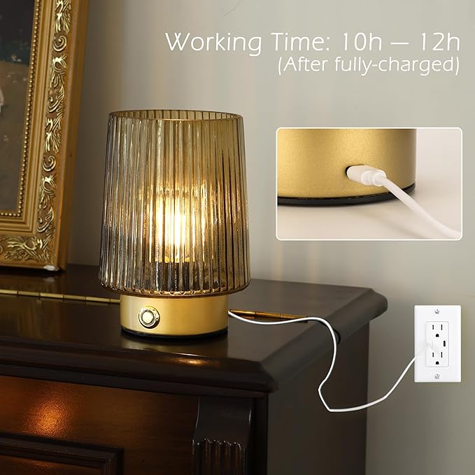 Cordless Lamp Rechargeable Battery Operated lamp, Glass Small Table lamp - Portable Dimmable Brightness Touch Wireless Bedside Lamp for Bedroom Kitchen Dining Home Living Room Decor Grey