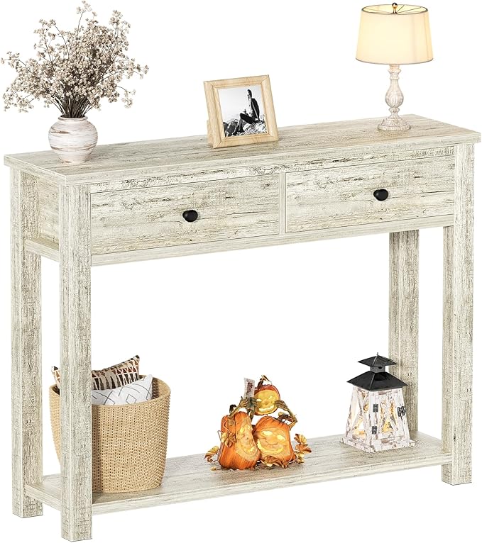 Homieasy Farmhouse Console Table with 2 Drawers, 32 Inch Small Sofa Table with Storage Shelf for Living Room, Behind Couch, Entryway Table for Hallway, Living Room, or Foyer, Light Rustic Oak