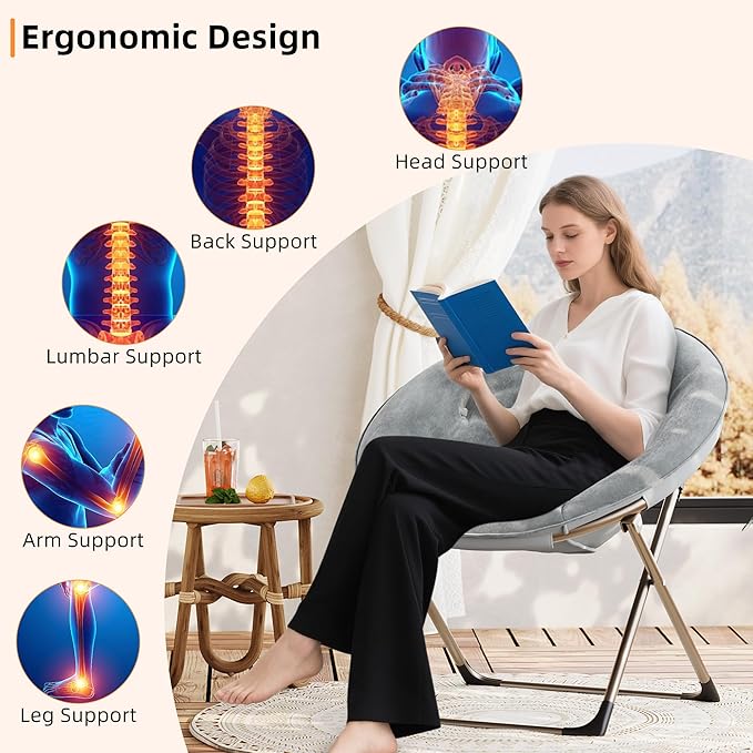 GarveeHome Comfy Oversized Saucer Chair – Soft Plush Fabric Reading Lounger for Adults, Stable X-Large Metal Frame Foldable Accent Lazy Chair for Bedroom, Living Room, Dorm, Office, Grey