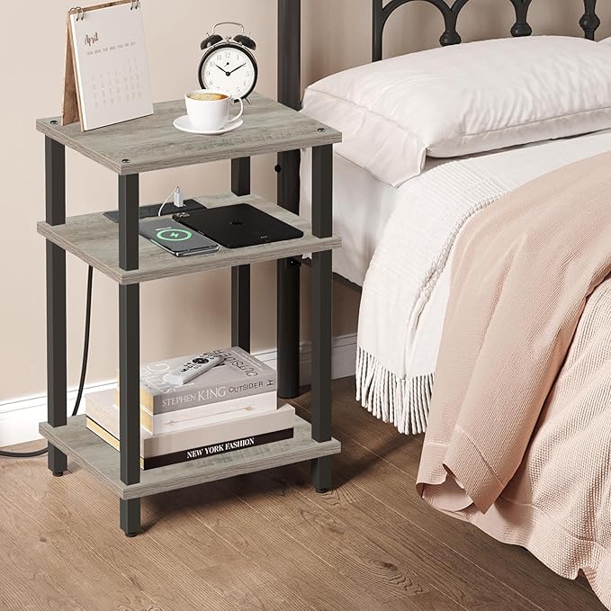 TUTOTAK Set of 2 End Table with Charging Station, Side Table with USB Ports and Outlets, Nightstand, 3-Tier Storage Shelf, Sofa Table for Small Space TB01BG0422