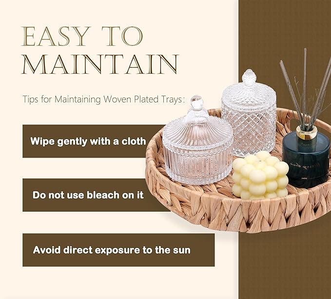 Round Serving Tray Hand-Woven Wicker Basket 11.8x1.9in Water Hyacinth Baskets with Handles,Coffee Table Tray for Fruit,Arts,Crafts