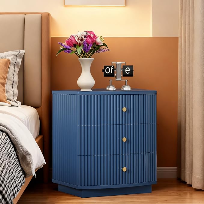 Grooved Wood End Table with 6 Drawers, Curved Edge Storage Side Table, Six Drawer Nightstand Compact Sofa Bedside Table for Bedroom, Living Room and Small Spaces, Blue X2
