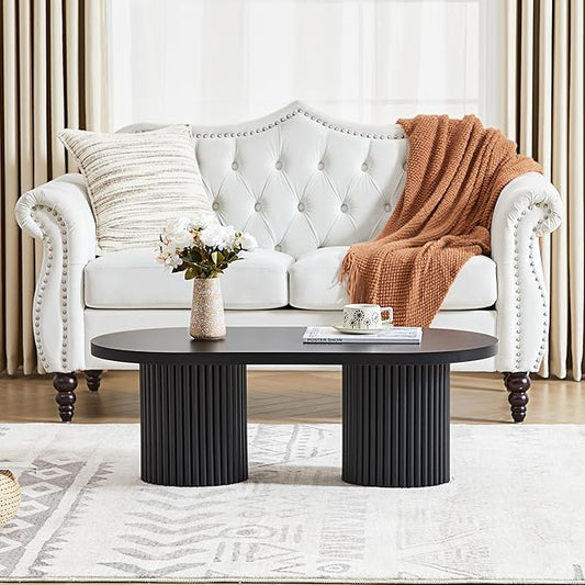 AVZEAR Oval Fluted Coffee Table for Living Room, Mid Century Modern Coffee Table with Fluted Legs, Curved Round Wooden Center Table for Home, Office, Cafe, Black (39.38" x 19.69" x 13.78")