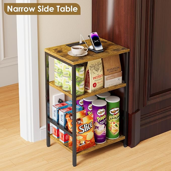 X-cosrack Side Table with Charging Station, End Table with USB Ports and Outlets, Nightstand with Storage Shelves for Small Space, Sofa Couch Table Bedside Table for Living Room Bedroom