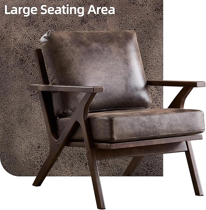 INZOY Mid-Century Modern Accent Chair with Wood Frame, PU Leather Living Room Chair and Soft Thick Padded Armchair for Living Room Bedroom Reception with Removable Upholstered Cushions, Dark Grey