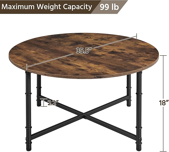 Yaheetech Round Coffee Table, Small Coffee Table for Living Room, Rustic Wood Circle Modern Center Table with Sturdy Metal Legs, Easy to Assemble, 35.5 x 18 Inches