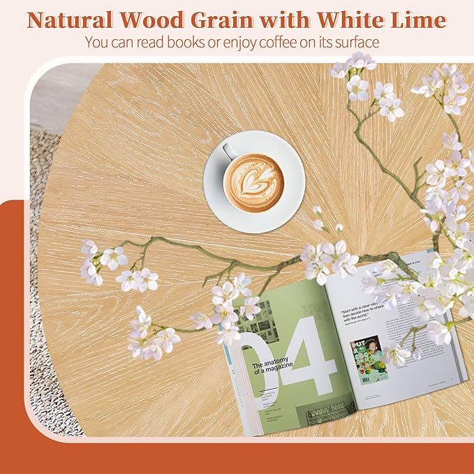 2 Piece Modern Farmhouse Coffee Table Set with Drawer, Boho Round Natural Real Wood Coffee Table for Living Room, Nesting Coffee Side Table Set with Radial Design, Light Brown