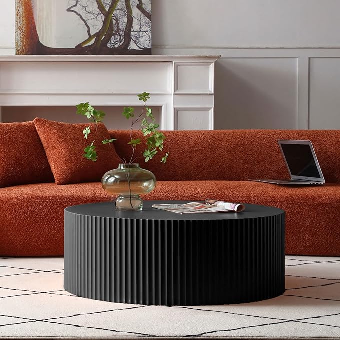 Round Coffee Table, Modern Black Side Table End Table for Living Room, Wood Circle Drum Coffee Table with Handcrafted Relief, Contemporary Living Center Table