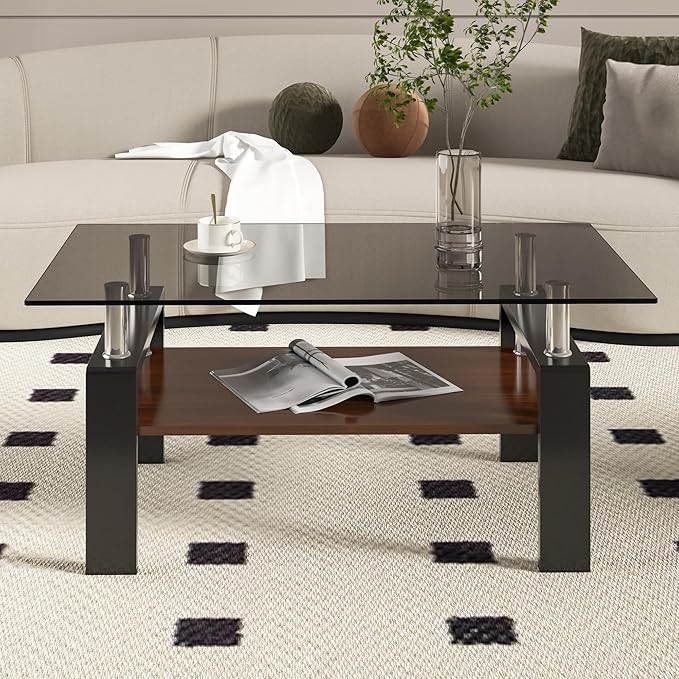 Modern Coffee Table with Tempered Glass Top, MDF Shelf and Metal Legs, Two-Tier Living Room Table, Sturdy Coffee Table for Small Spaces, Lounge, or Office (Grey Glass+Brown+Black)