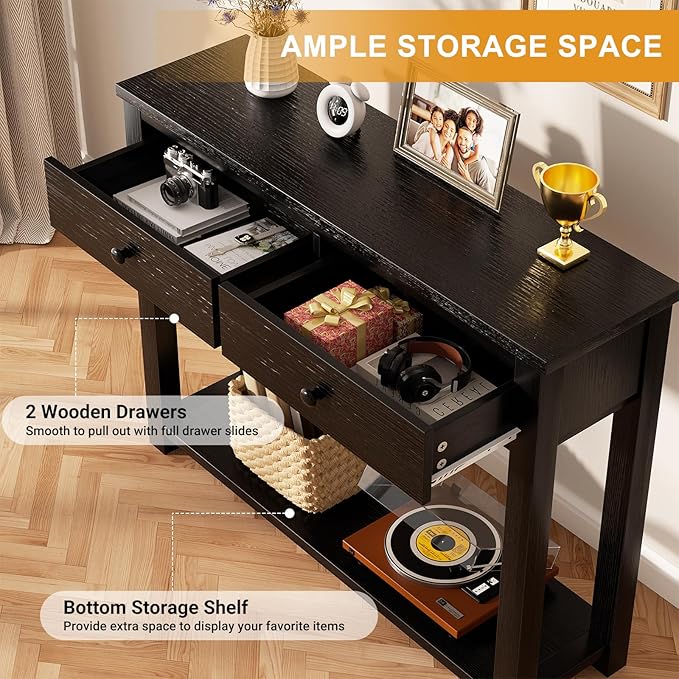 Homieasy Farmhouse Console Table with 2 Drawers, 32 Inch Small Sofa Table with Storage Shelf for Living Room, Behind Couch, Entryway Table for Hallway, Living Room, or Foyer, Black