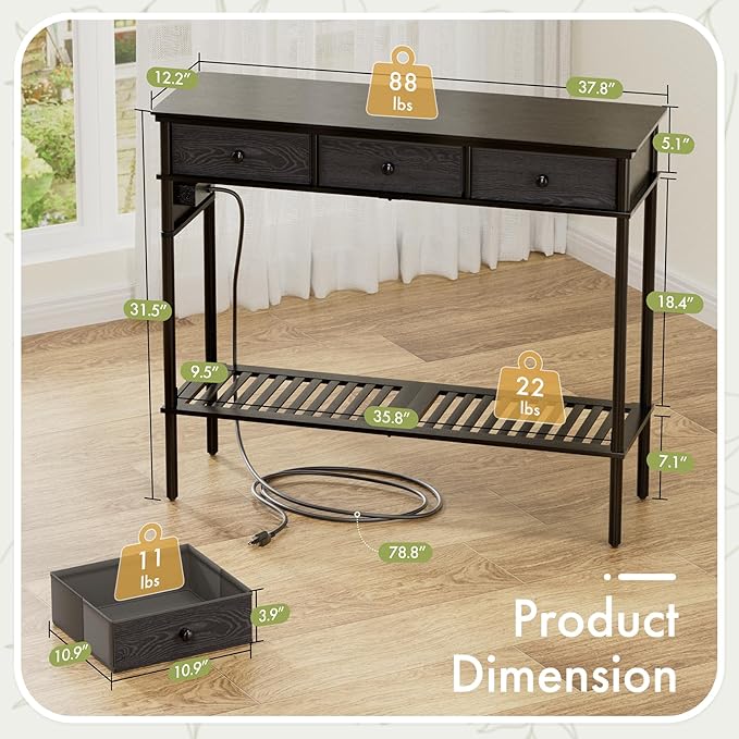Entryway Table Sofa Console Table, Bamboo Small Entry Way Table with Drawers Storage and Power Outlets for Living Room, Hallway, Foyer, Entrance, Black