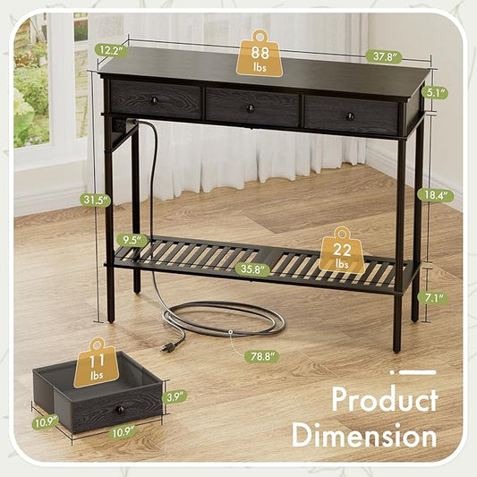 Entryway Table Sofa Console Table, Bamboo Small Entry Way Table with Drawers Storage and Power Outlets for Living Room, Hallway, Foyer, Entrance, Black