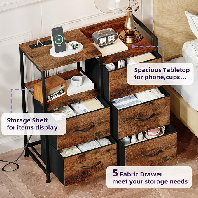 Somdot Nightstand with Charging Station and LED Light, Wide 5 Drawers Dresser for Bedroom with Fabric Bins and Open Shelf for Bedroom Kids Closet Dorm Guest Room, Wood Grain Print