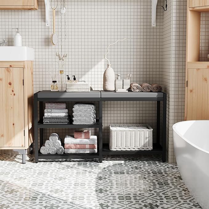 ZHOOGE Shoe Bench & Rack Storage Bench - Entryway Bench with Seat Cushion, Stable Organizer for Entryway & Living Room, Holds Up to 300 lb, (35" L x 12" W x 17" H, Black)