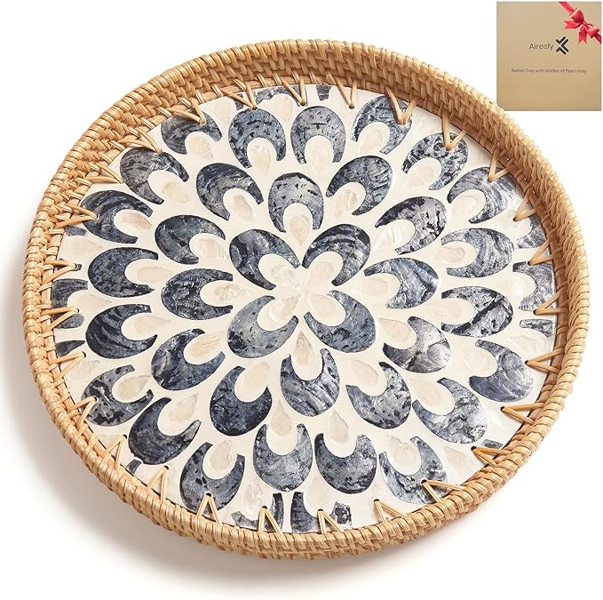 Rattan Tray with Mother of Pearl Inlay, Round Rattan Serving Tray with Wooden Base, Decorative Wicker Basket for Table Decor, Storage and Display of Jewelry Coffee Bread Food Fruit (Sapphire Blue)