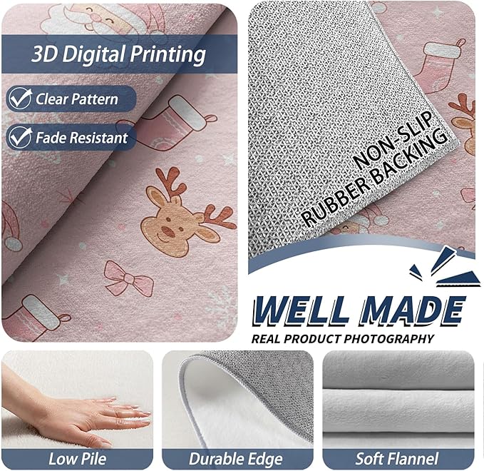 Pink Christmas Rug for Bedroom - 6x9 Rug, Santa Claus Living Room Rugs, Cartoon Xmas Bedroom Rugs, Reindeer Christmas Stocking Carpet, Xmas Tree Home Decor & Gifts