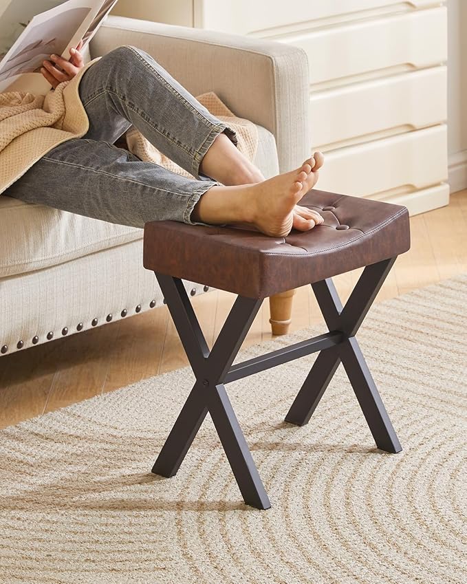 IBUYKE U-Shaped PU Vanity Stool, Square Makeup Chair with X-Leg, Ottoman Seat Footrest Stool, Multi-Use as Small Side Table, for Bedroom, Living Room, Dark Brown WBD019Z