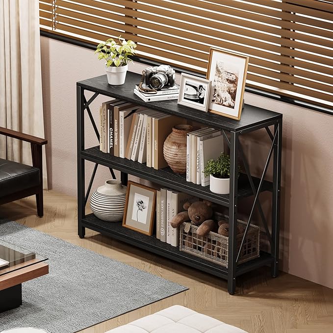 Homeiju Entry Table 40" Width, 3-Tier Entryway Table with Storage, Industrial Sofa Table with Open Shelves, Foyer Tables for Entryway, Hallway, Kitchen, Living Room and Bedroom, Black