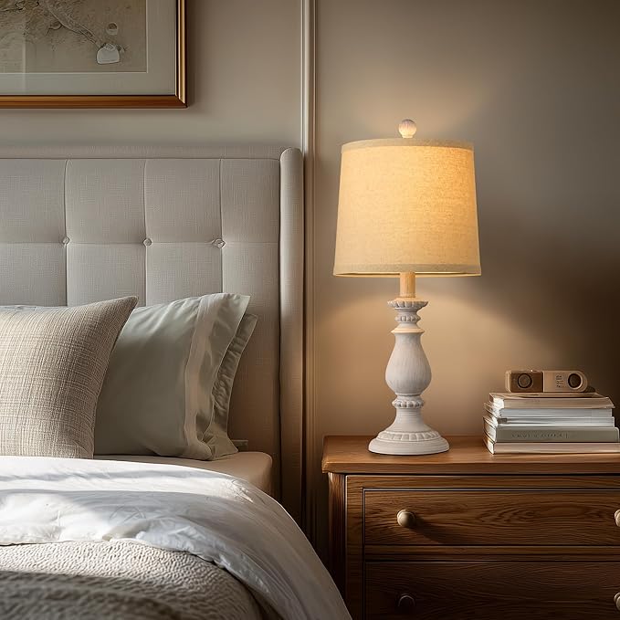 QiMH Farmhouse Table Lamp Set of 2, Rustic Table Lamps for Living Room, Vintage Nightstand Lamp with Rotary Switch, Beside Lamps for Bedroom, Traditional Table Lamps with Linen Shade, Antique White