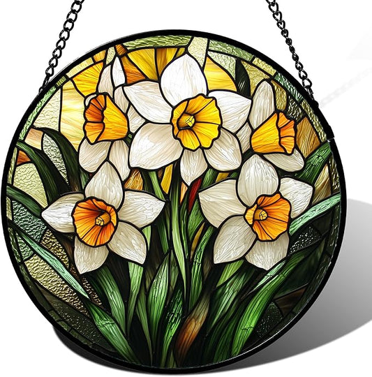 Stained Glass Window Hanging, Yellow and White Daffodils Sun Catcher for Door Home Decor Plants Flowers Suncatcher Christmas Mother's Day Birthday Gifts for Women Men Mom Nana 11.8 in