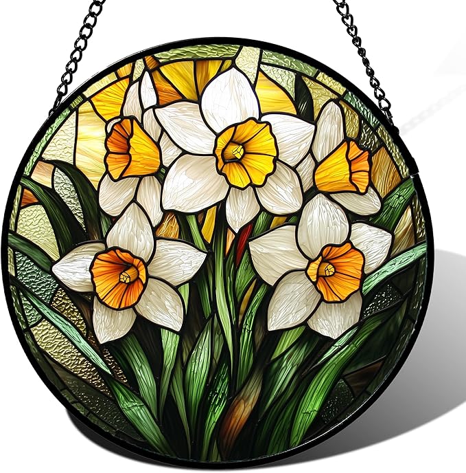 Stained Glass Window Hanging, Yellow and White Daffodils Sun Catcher for Door Home Decor Plants Flowers Suncatcher Christmas Mother's Day Birthday Gifts for Women Men Mom Nana 7.8 in