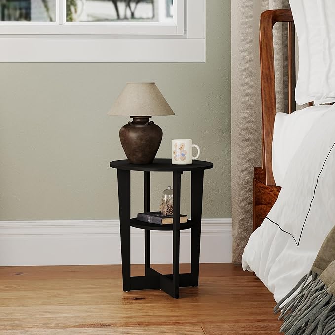 Living Room End Table, Small Side Table with 2-Tier Open Storage for Small Spaces, Apartment Home Office, Black