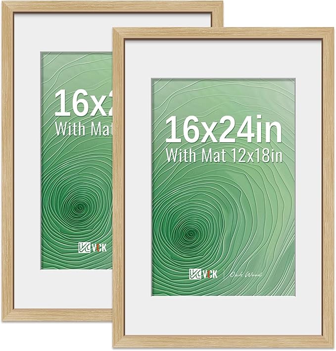 VCK 16x24 Poster Frame 2 Pack - Natural Oak, High-End Wood Picture Frames with Polished Plexiglass, Display 12x18 Photo with Mat or 16x24 without Mat, Art Gallery-Quality, Wall Hanging, Natural Oak