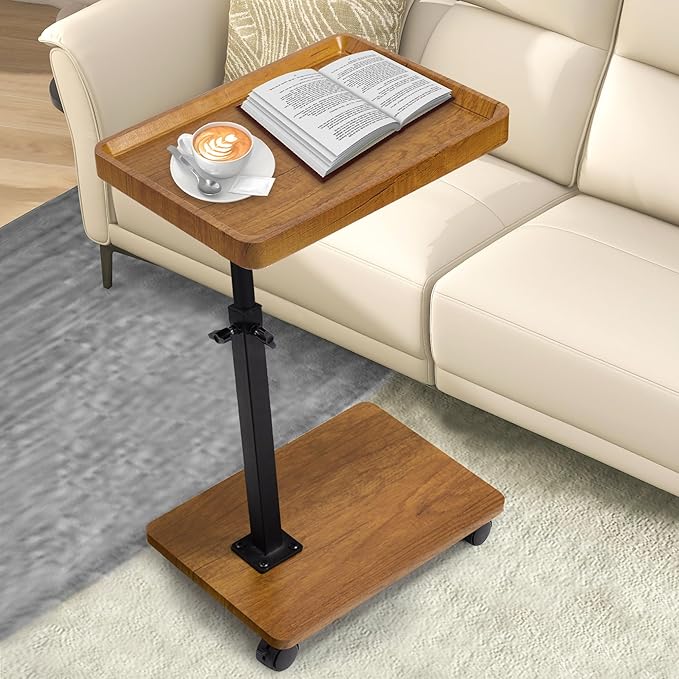 Aoligrace C Shaped End Table Adjustable Height, 360° Swivel Side Table with Wheels, Small TV Tray C Table for Living Room Bedroom, Couch Tables That Slide Under for Sofa Bed Chair