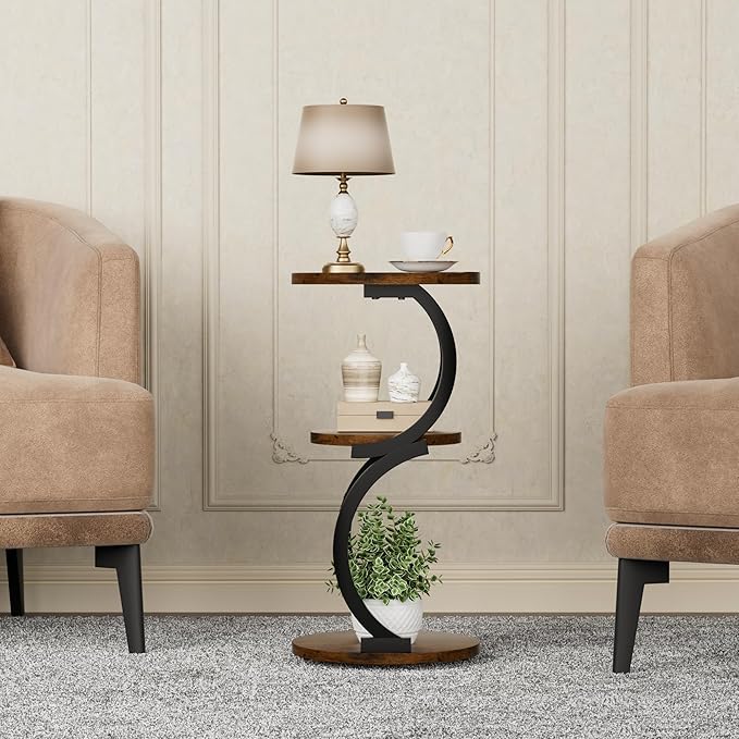 Small Side Table, 3-Tier Round End Table for Living Room, S-Shaped Accent Table for Small Spaces Sofa Couch Bedroom, Vintage Nightstand Wood Metal Coffee Table with Storage Shelf, Rustic Brown