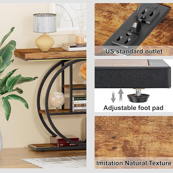 Console Tables for Entryway, Built-in US Standard Outlet & LED Strip Lights, 4-Tier Industrial Narrow Wood Sofa Table, Entryway Table with Storage Shelves for Living Room