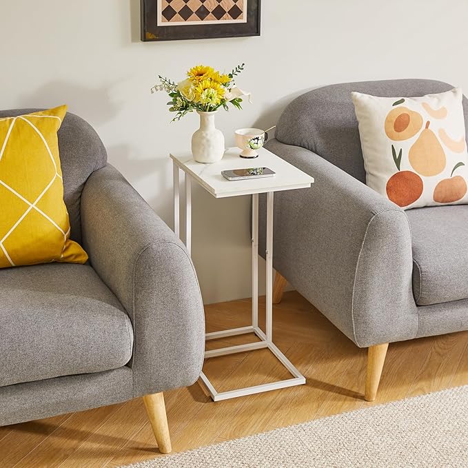 C Shaped End Table, Small Side Table for Sofa and Bed, White Bedside Table, Laptop Desk for Couch 16x12x25 inch Faux Marble+White YD-TM051W