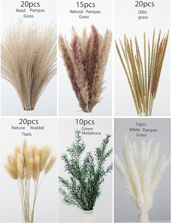 100 PCS Pampas Grass (Vase Not Included), Dried Flowers Bouquets, Wedding Table Decor, Bedroom, Rustic Farm Decor.(Green)