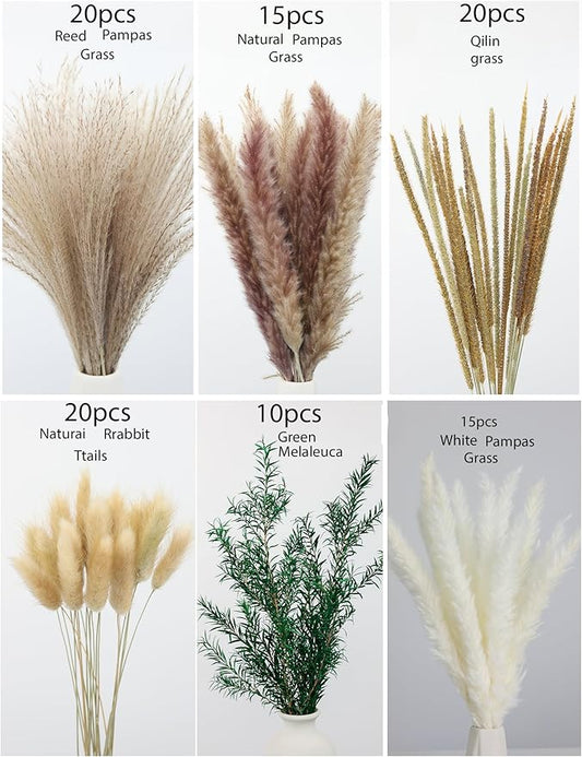100 PCS Pampas Grass (Vase Not Included), Dried Flowers Bouquets, Wedding Table Decor, Bedroom, Rustic Farm Decor.(Green)