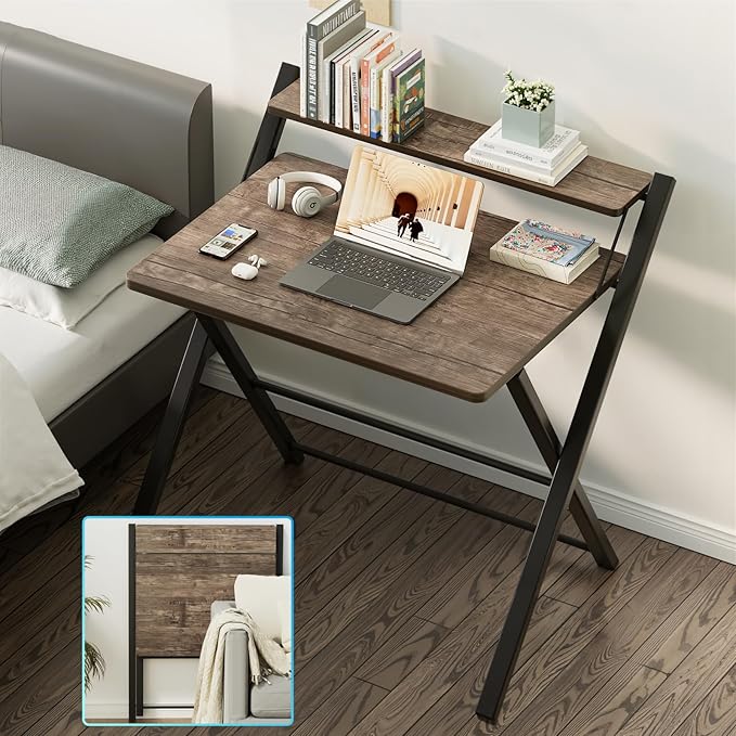GreenForest No Assembly Folding Desk, 2-Tier Compact Computer Desk with Shelf, Space Saving Foldable Table for Home Office, Dorm or Apartment, Portable Collapsible Sturdy Laptop Desk, Brown