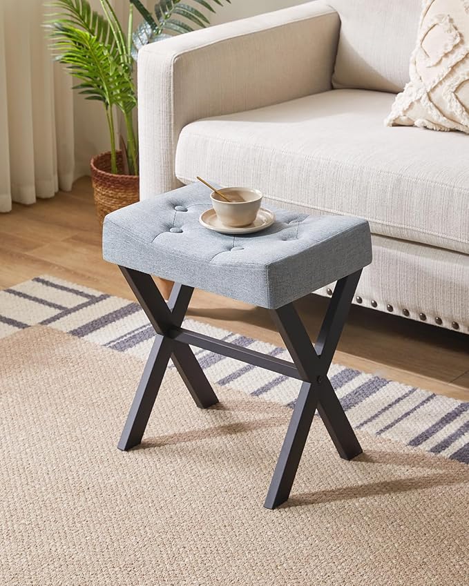 IBUYKE U-Shaped Linen Vanity Stool, Square Makeup Chair with X-Leg, Ottoman Seat Footrest Stool, Multi-Use as Small Side Table, for Bedroom, Living Room, Blue Gray WBD018L