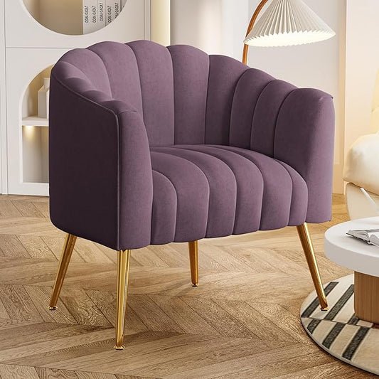 Oversized Pumpkin Couch Accent Chair, Modern Comfy Velvet Upholstered Barrel Chairs, Luxury Single Sofa Armchair for Living Room, Waiting Room, Office and Vanity, (Purple)