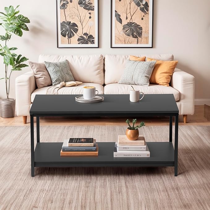 ZenStyle Product Image 2-Tier Industrial Coffee Table with Storage Shelf for Living Room, Wood Look Accent Furniture with Vintage Wooden Board Stable Metal Frame Cocktail Table Tea Table