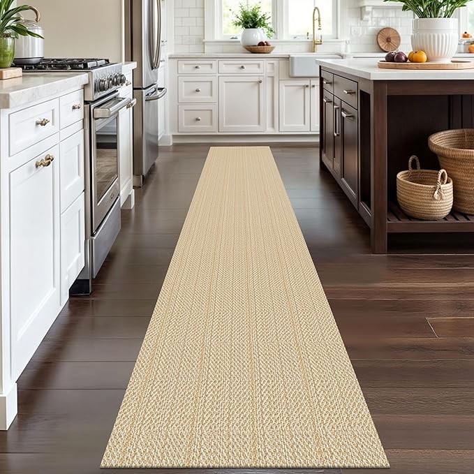 IOHOUZE Washable Runner Rug 2x12 Non Slip Rubber Backed Extra Long Hallway Runner Entryway Runner Indoor, Kitchen Rug Woven Cotton Carpet for Hall Entrance Stair, Warm Beige/Orange/Apricot