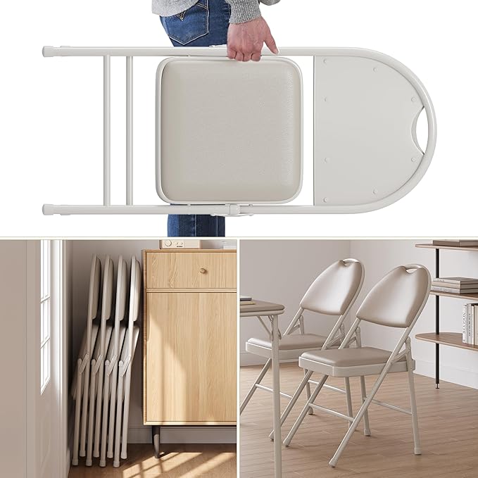 IDEALHOUSE 4 Pack Folding Chairs with PU Leather Padded Cushion, 350lbs Capacity, Lightweight Ergonomic Design, Metal Frame, Indoor Outdoor Portable Stackable Seats for Home Office Party Events，Beige