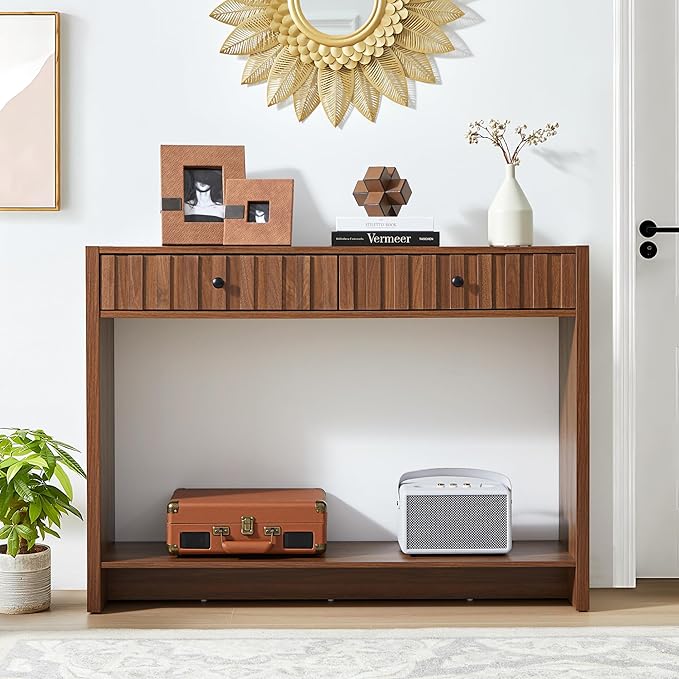 AVZEAR Entryway Console Table with Fluted Drawers, Mid Century Entryway Table with Storage, 43" Long Couch Table Behind Sofa Narrow Sofa Table Console Tables for Living Room Hallway Entrance, Walnut
