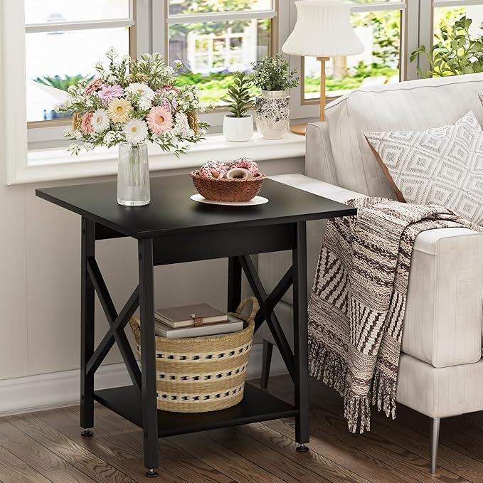 GreenForest End Table 24 inch for Living Room, Large Square Side Tables with X-Frame, Tall Industrial Bedside Nightstand with 2-Tier Storage, Black