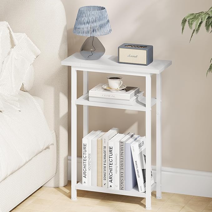 Heybly Small Narrow Side Table for Small Space, Thin Bedside Table, Slim Sofa Table, Skinny End Table, 25.2" Tall Nightstand, Couch Table for Living Room, Bedroom, Study, Balcony, White, HET005WT1