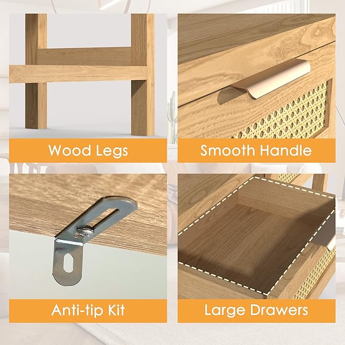 Rattan Console Table for Entryway, Boho Narrow Sofa Tables with Storage Shelf and 2 Drawers for Behind Couch Living Room, Hallway, Entrance, Natural Wood