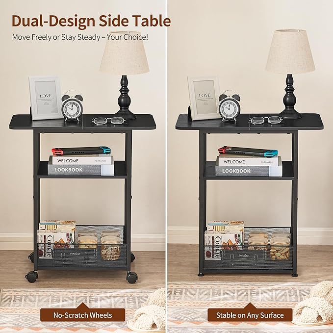 Side Table with Wheels, Narrow Side Table with 3-Layer Storage Shelves, Slim Nightstand, Metal Frame, for Small Spaces, Living Room, Bedroom, 23.6" D x 11.8" W x 25.2" H, Black