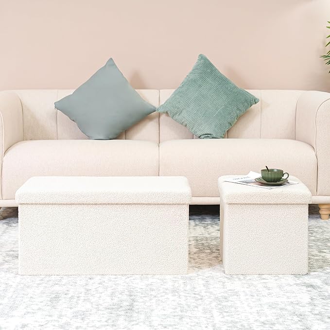 B FSOBEIIALEO Small Storage Ottoman Cube Sherpa Ottomans Foot Rest, Foldable Boucle Ottoman Bench, Faux Teddy Fur, Cream White 30"x15"x15"