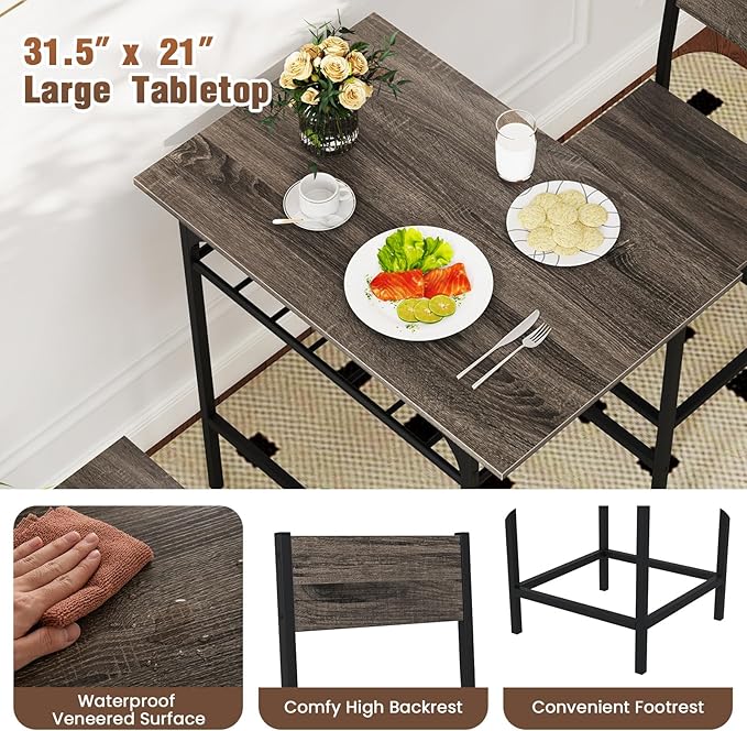 GOFLAME 3-Piece Dining Table Set for 2, Rectangular Wood Kitchen Table & Chair Set with Metal Frame, Storage Rack, Space-Saving Dinette Set for Breakfast Nook, Dining Room, Small Space, Grey