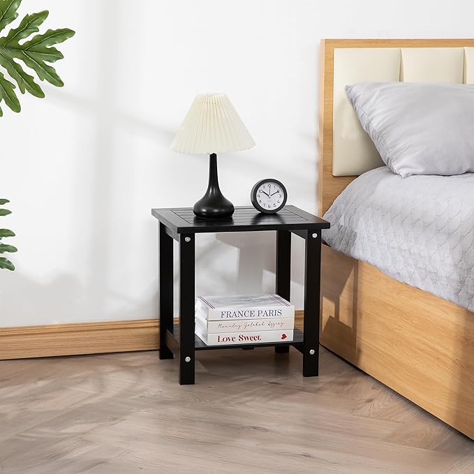 Black Adirondack Outdoor Accent Table – Weather-Resistant Acacia Wood Outdoor End Table with Double Storage, Small Porch Table for Patio, Garden, Lawn, Balcony, and Living Room Use