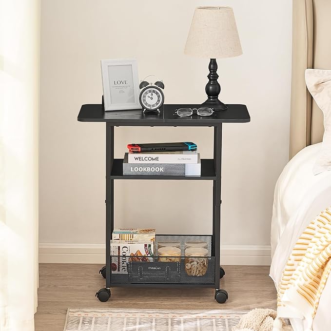 Side Table with Wheels, Narrow Side Table with 3-Layer Storage Shelves, Slim Nightstand, Metal Frame, for Small Spaces, Living Room, Bedroom, 23.6" D x 11.8" W x 25.2" H, Black